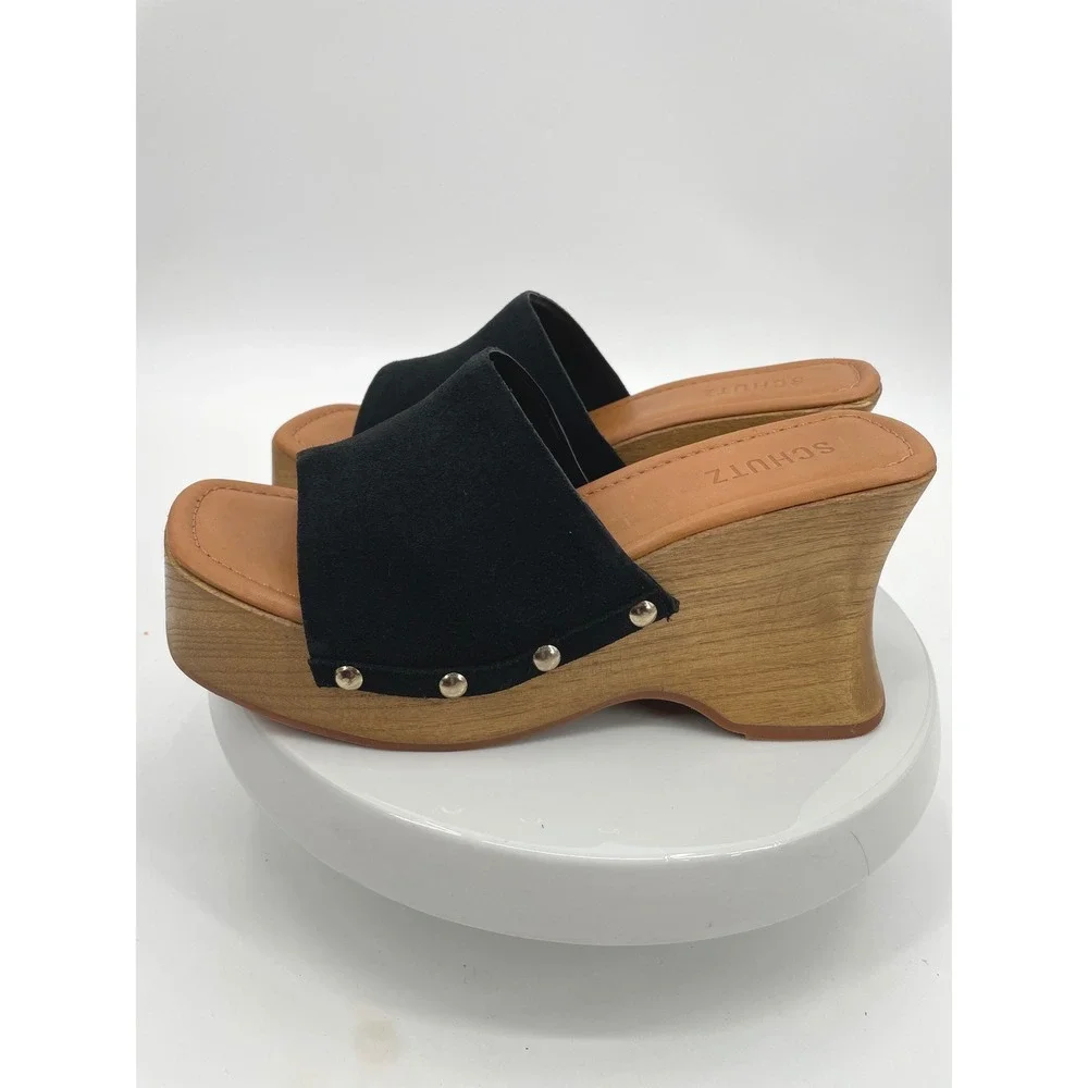 Schutz Lanneh Wedge Sandals Womens 9B Black Suede Wood Platform Slide Mules Boho